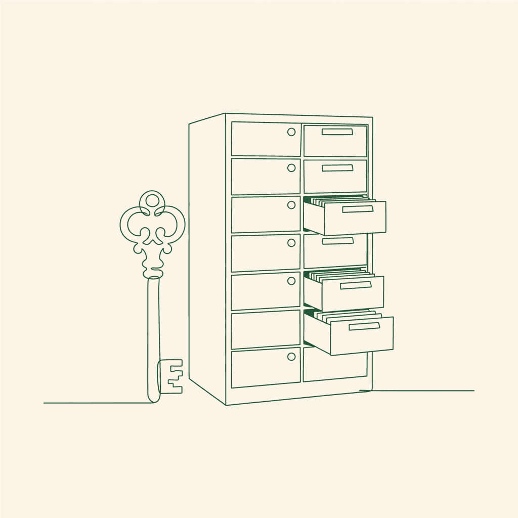 Master key and partly locked cabinet illustrating B2B portal roles, permissions, and controls