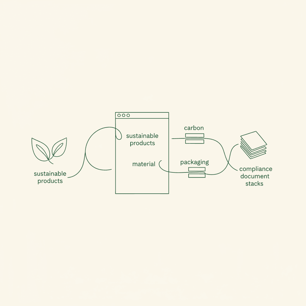 Minimal illustration of sustainability data fields linked to compliance docs in a B2B wholesale catalogue